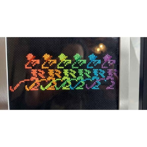 Grateful Dead Dancing Skeletons Framed Cross Stitch Handmade  11" x 9" - Picture 2 of 6